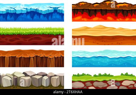 Couches de base de dessins animés. Motif sans couture de surface de niveau de jeu, rocher de sol souterrain terre de lave pierre de désert sable couche de texture de glace de tranche, illustration vectorielle néotérique de terrain de jeu de dessin animé Illustration de Vecteur