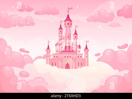 Château de dessins animés dans les nuages. Châteaux célestes princesses ciel de nuage rose, princesse maison magique royaume paysage rêve maison volant ciel, fond de jeu illustration vectorielle ingénieuse de château sur le ciel Illustration de Vecteur