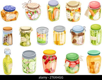 Bocaux marinés. Dessins animés préservés dans la bouteille de pot de boîte, légumes marinant épice pot garde-manger cuisine, apéritif de cornichon de fruits conserver l'illustration vectorielle néotérique du produit en verre fait maison Illustration de Vecteur