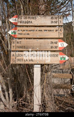 Panneaux de signalisation dans le parc naturel de Fanes-Senes-Braies, San Vigilio di Marebbe, Trentin-Haut-Adige, Italie Banque D'Images