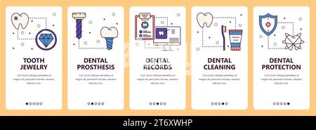 Vector Set de bannières verticales avec bijoux dentaires, prothèses dentaires, dossiers dentaires, nettoyage dentaire, site Web de protection dentaire et application mobile templa Illustration de Vecteur