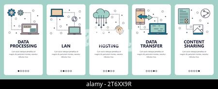 Vector ensemble de bannières verticales avec traitement de données, LAN, Hébergement, transfert de données, site Web de partage de contenu et modèles d'applications mobiles. Ligne fine moderne f Illustration de Vecteur