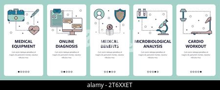 Vector Set de bannières verticales avec équipement médical, diagnostic en ligne, avantages médicaux, analyse microbiologique, site Web d'entraînement cardio et mobile Illustration de Vecteur