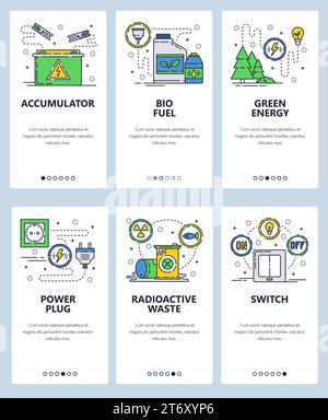 Ensemble vectoriel d'écrans d'intégration d'applications mobiles. Accumulateur, biocarburant, énergie verte, prise d'alimentation, déchets radioactifs, changez de modèles Web et de bannières. THI Illustration de Vecteur