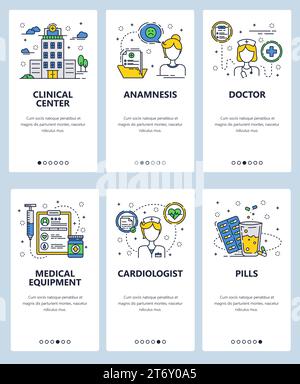 Ensemble vectoriel d'écrans d'intégration d'applications mobiles. Centre clinique, anamnèse, médecin, équipement médical, cardiologue, Pills modèles Web et bannières. THI Illustration de Vecteur