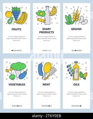 Ensemble vectoriel d'écrans d'intégration d'applications mobiles. Fruits, produits laitiers, céréales, légumes, viande, modèles et bannières web Oils. Icône plate de dessin au trait fin Illustration de Vecteur