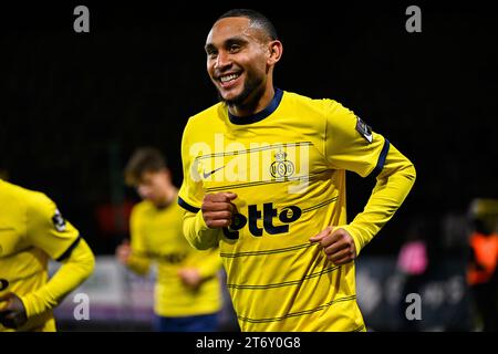 Loic Lapoussin de l'Union célèbre après avoir marqué lors d'un match de football entre la Royale Union Saint-Gilloise et KV Kortrijk, dimanche 12 novembre 2023 à Bruxelles, le jour 14 de la saison 2023-2024 de la Jupiler Pro League première division du championnat belge. BELGA PHOTO LAURIE DIEFFEMBACQ Banque D'Images