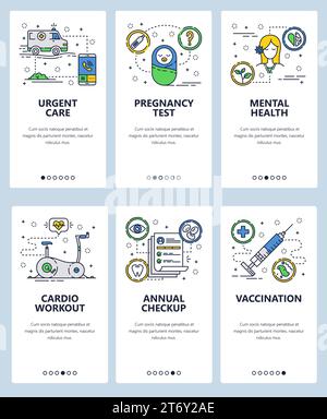 Ensemble vectoriel d'écrans d'intégration d'applications mobiles. Soins urgents, test de grossesse, Santé mentale, entraînement cardio, bilan annuel, modèles web de vaccination, ba Illustration de Vecteur