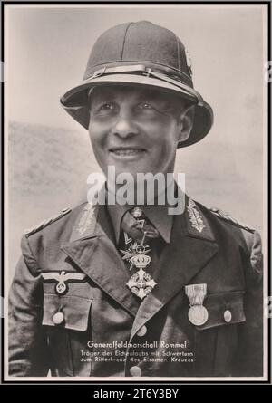 Le maréchal de ROMMEL Erwin Rommel portant son uniforme militaire et son chapeau tropical, « Troppenhelm », un éminent officier nazi qui a reçu la Croix des Chevaliers avec des épées et des feuilles de chêne. La plus haute distinction militaire nazie allemande. Il était un brillant stratège militaire dans la campagne d'Afrique du Nord, où il était connu sous le nom de renard du désert. 1942 Banque D'Images