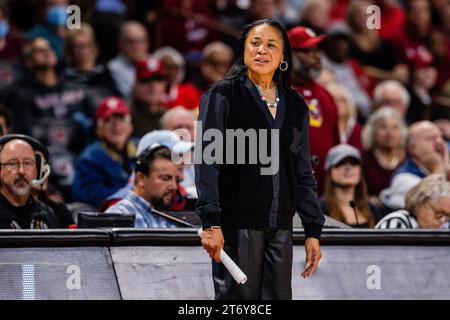 12 novembre 2023 : Dawn Staley, entraîneur-chef des Gamecocks de Caroline du Sud, réagit à l'appel lors du troisième quart-temps du match de basket-ball féminin de la SEC contre les Terrapins du Maryland au Colonial Life Arena de Columbia, SC. (Scott Kinser/CSM) Banque D'Images