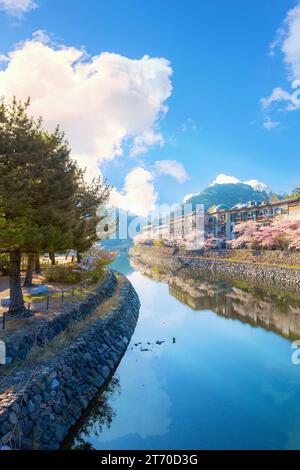 Kyoto, Japon - avril 1 2023 : Parc préfectoral Uji avec fleur de cerisier en pleine floraison est le symbole de la ville d'Uji avec de beaux paysages de la ville et pr Banque D'Images