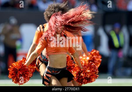 Cincinnati, États-Unis. 12 novembre 2023. Les cheerleaders des Bengals de Cincinnati encouragent l'équipe contre les Texans de Houston lors de la première mi-temps au Paycor Stadium le dimanche 12 novembre 2023 à Cincinnati. Ohio. Photo de John Sommers II/UPI crédit : UPI/Alamy Live News Banque D'Images