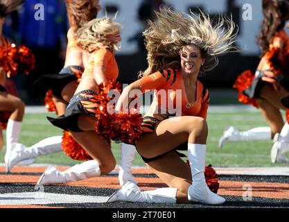 Cincinnati, États-Unis. 12 novembre 2023. Les cheerleaders des Bengals de Cincinnati encouragent l'équipe contre les Texans de Houston lors de la première mi-temps au Paycor Stadium le dimanche 12 novembre 2023 à Cincinnati. Ohio. Photo de John Sommers II/UPI crédit : UPI/Alamy Live News Banque D'Images