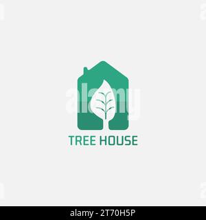 Logo de maison verte avec espace négatif d'arbre. Illustration de Vecteur