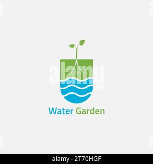 Logo des vagues d'eau et des racines des plantes, à l'intérieur d'une forme de bêche. Illustration de Vecteur