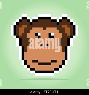 8 bits de pixels de tête de singe. Animaux pour les actifs de jeu et motifs de point de croix dans les illustrations vectorielles. Illustration de Vecteur