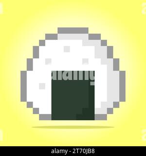 pixel 8 bits d'onigiri. Nourriture japonaise pour les actifs de jeu et les motifs de point de croix dans les illustrations vectorielles. Illustration de Vecteur