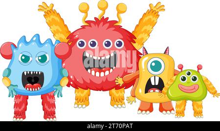 Un groupe d'adorables monstres extraterrestres de différentes couleurs Illustration de Vecteur