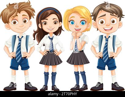 Un groupe animé d'élèves, garçons et filles, portant des uniformes scolaires, représenté dans un style d'illustration de dessin animé Illustration de Vecteur