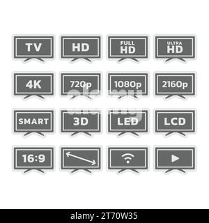 TV, taille et résolutions de l'écran, icônes Smart Television. Full HD et Ultra HD, affichage LED, jeu d'icônes vectorielles de ratio. Illustration de Vecteur