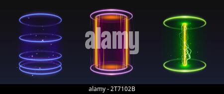 Portails lumineux ronds isolés sur fond noir. Illustration réaliste vectorielle de bleu néon futuriste, jaune, hologrammes verts pour la conception d'interface utilisateur de jeu, étincelles, téléport numérique, effet de foudre Illustration de Vecteur