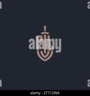 Monogramme de logo PL avec vecteur de modèle de conception de style épée et bouclier Illustration de Vecteur