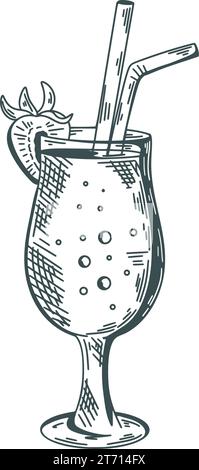 Boisson cocktail gravure à la main illustration vectorielle isolée. Boisson alcoolisée avec fraises en verre avec tige. Friandise liquide rafraîchissante pour femme Illustration de Vecteur