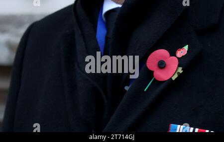 (231113) -- LONDRES, 13 nov. 2023 (Xinhua) -- Une décoration de coquelicot sur un costume d'homme est vue devant le cénotaphe à Whitehall à l'occasion du dimanche du souvenir à Londres, en Grande-Bretagne, le 12 novembre 2023. Le dimanche du souvenir est une commémoration annuelle qui a lieu le dimanche le plus près du jour de l'armistice, le 11 novembre, anniversaire de la fin de la première Guerre mondiale. (Xinhua/Li Ying) Banque D'Images