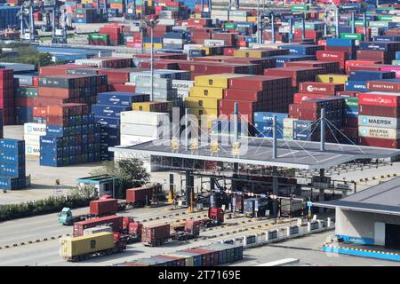 NANJING, CHINE - 13 NOVEMBRE 2023 - les camions de marchandises entrent et sortent du terminal à conteneurs Longtan du port de Nanjing de manière ordonnée à Nanjing, Jiangsu Banque D'Images