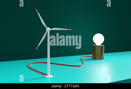 Une éolienne alimente une lampe. Ressources énergétiques alternatives, concept d'énergie verte et renouvelable. Rendu 3D. Banque D'Images