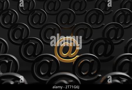 L'e-mail de couleur dorée au signe se distingue des signes noirs. Chez Symbol, adresse e-mail, communication Internet et contactez-nous concepts. Rendu 3D. Banque D'Images