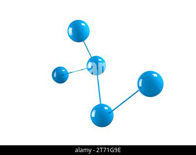 Sphères bleues comme molécules connectées isolées sur fond blanc. Structure atomique ou concept de modèle moléculaire de la biologie, de la science, des technologies de réseau Banque D'Images