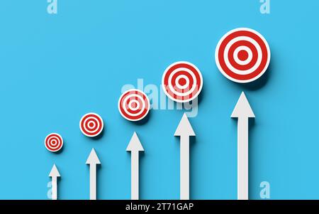 Développement des objectifs cibles, croissance de l'entreprise, concept de réussite et de réalisation. Flèches pointant vers les cibles oeil de taureau sur le mur bleu. Rendu 3D. Banque D'Images