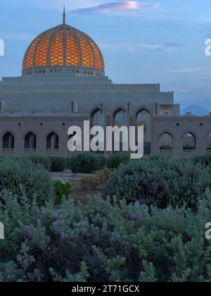 Le dôme de la Grande Mosquée du Sultan Qaboos illuminé contre un beau ciel nocturne. Banque D'Images