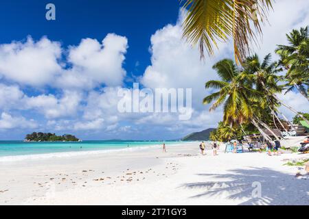 Praslin, Seychelles - 14 août 2023 : touristes à la plage avec des palmiers et du sable blanc sous le ciel bleu par une journée ensoleillée d'été Banque D'Images