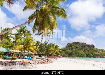 Praslin, Seychelles - 15 août 2023 : les touristes se reposent sur la plage avec des palmiers et du sable blanc sous le ciel bleu par une journée d'été ensoleillée Banque D'Images