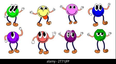Groovy Cartoon Set de personnages drôles de sourire de dessin animé, vintage. Autocollants émoticônes colorés comiques funky Illustration de Vecteur