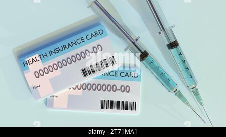 Carte d'assurance isolée et seringue médicale rendu 3d. Banque D'Images