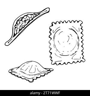 Illustration à l'encre vectorielle dessinée à la main. Ravioli pelmeni pierogi vareniki gyoza manti wonton plat. Ensemble d'éléments d'objet unique isolés sur blanc. Pour Illustration de Vecteur