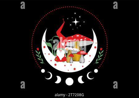 Magic Gnome dans les bois mystiques de champignons sur le croissant de lune et les étoiles. Symbole de concept de Noël, champignon ésotérique sorcier et phases de lune. Magique Illustration de Vecteur