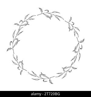 Cadre de cercle floral, couronne de feuilles d'eucalyptus dessinées à la main, illustration vectorielle pour carte ou invitation de mariage. Isolé sur fond blanc Illustration de Vecteur