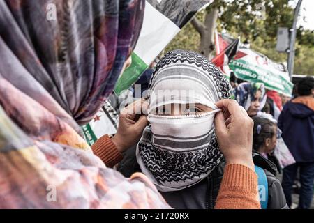 Madrid, Espagne. 11 novembre 2023. Les manifestants se préparent pendant la manifestation. Une manifestation massive menée par le Coordonnateur d’Etat des associations solidaires avec le Sahara (CEAS-Sahara) visite Madrid pour réclamer l’autodétermination du Sahara. Crédit : SOPA Images Limited/Alamy Live News Banque D'Images