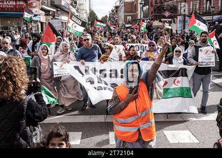 Madrid, Espagne. 11 novembre 2023. Des manifestants prennent part à la manifestation. Une manifestation massive menée par le Coordonnateur d’Etat des associations solidaires avec le Sahara (CEAS-Sahara) visite Madrid pour réclamer l’autodétermination du Sahara. Crédit : SOPA Images Limited/Alamy Live News Banque D'Images