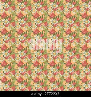 Motif de tulipes et marguerites sur un fond orange clair. Motif floral sans couture, tulipes rouges, roses, marguerites blanches sur fond orange. Élément Banque D'Images