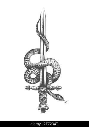 Serpent enroulé autour de l'épée montante Valor et courage Symbol Tattoo isolé sur blanc. Illustration vectorielle. Illustration de Vecteur