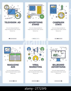 Modèle d'écrans d'intégration d'art linéaire de site Web Vector. Campagne de marketing et de publicité, panneau d'affichage et publicité télévisée. Bannières de menu pour site Web et mobile a Illustration de Vecteur