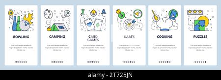 Écrans d'intégration du site Web. Icônes de loisirs, de loisirs et de jeux de sport. Modèle de bannière de vecteur de menu pour le développement de sites Web et d'applications mobiles. Moderne des Illustration de Vecteur