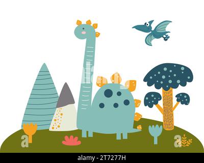 Ensemble de mignons bébés dinosaures jurassiques, oeuf, feuille, volcan. Paléontologie préhistorique enfantine des dinosaures. Brontosaurus et velociraptor, triceratops et tirex, Illustration de Vecteur