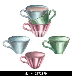 Un ensemble de plats, tasses pour les boissons chaudes dans les couleurs bleu, rose et vert. Une pile de tasses, isolez. Illustration à l'aquarelle. Modèle pour la conception de Banque D'Images
