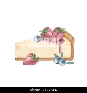 Un morceau de tarte au fromage, cheesecake au sirop et fraises et myrtilles, isoler sur fond blanc. Illustration à l'aquarelle. Modèle pour Banque D'Images